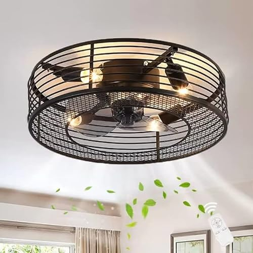 Deckenventilator mit Lampe und Fernbedienung Retro E27 Fan Deckenleuchte Industrial Schwarz Eisenkäfig Ventilator Deckenlampe Leise Unsichtbar Lüfterlicht für Wohnzimmer Schlafzimmer Büro Beleuchtung