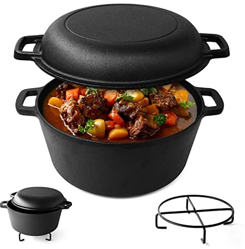 Joejis Dutch Oven 4.7L Pre-Seasoned Cast Iron Pot with 1.75L Multiuse Lid Suitable for Oven & All Hob Types - 2 in 1 Cast Iron Dutch Oven Pot for Bread Making Braising Meat Simmering Stew & More