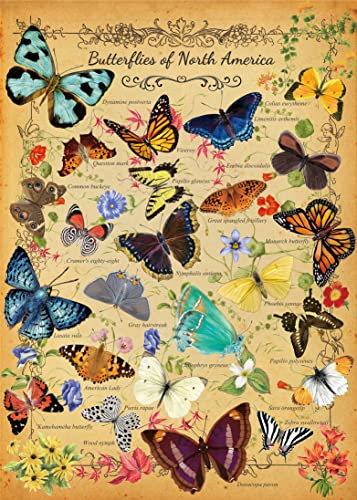 Vintage Butterfly Puzzle for Adults 1000 Piece, North America Flower Plant Butterflies Jigsaw Puzzle, Plant Puzzles for Adults as Monarch Butterfly Gifts