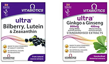 Vitabiotics Ultra Bilberry, Lutein and Zeaxanthin - 30 Tablets & Ultra Ginkgo and Ginseng Tablets - 60 Tablets