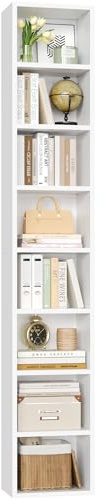 FOTOSOK White Bookshelf 8-Tier Media Tower Rack, 11.6 X 9.3 X 70.9 Inches CD DVD Slim Storage Cabinet with Adjustable Shelves, Tall Narrow Bookcase Display Bookshelf for Home Office, White