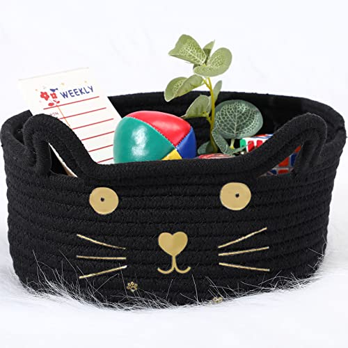 Zopeal Cat Basket Storage Woven Organizer with Ears Christmas Decorative Pet Toy Cute Cotton Rope Basket for Gift Cat Dog Toy Bin Nursery Room(8.3 x 4.7 Inch,Black)