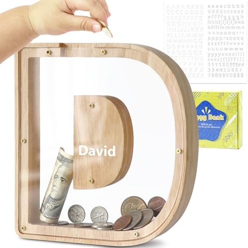 DBPBToU Spardose Kinder Holz Buchstaben Spardose (D) | Personalisiert Sparschwein Kinder，Durchsichtiges, Geburtstag Geschenk/Heimdekoration/Keepsake