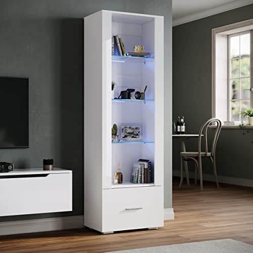 SONNI Vitrine mit LED-Beleuchtung, Glasvitrine mit Schubladen, weiß Hochglanzfront, Sammlervitrine, Vitrinenschrank, W550xD350xH1720mm
