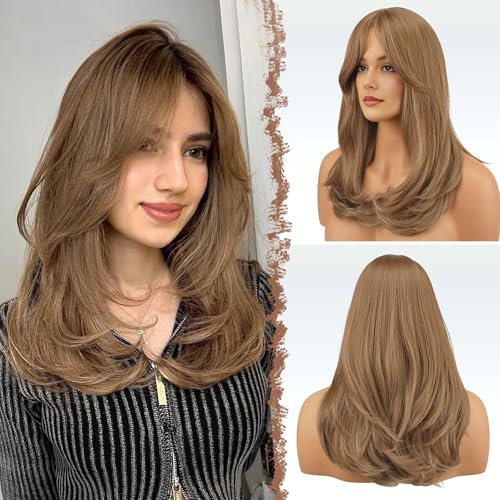 FESHFEN Lang Perücken mit Pony, Damen Perücken Blond Mix Synthetik Haar Natürlicher Look Kunsthaar Haarperücke für Frauen für Tägliche Party Cosplay 45 cm