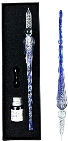 EACHHAHA Glass Dip Pen and Ink Set, Glass Calligraphy Pens with Ink and Holder,Crystal Signature Pen for Art,Painting,Writing,Decoration and Business Gift(Dark Blue)