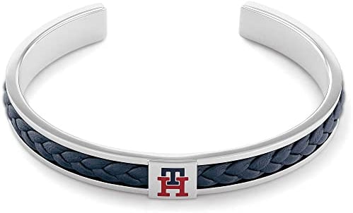 Tommy Hilfiger Herren Armband der Marke Metal Meets Braids Collection, Schmuck aus Edelstahl und marineblauem Leder, Größe 190 mm, Referenz ist 2790490, Einheitsgröße, Edelstahl, Einheitsgröße,