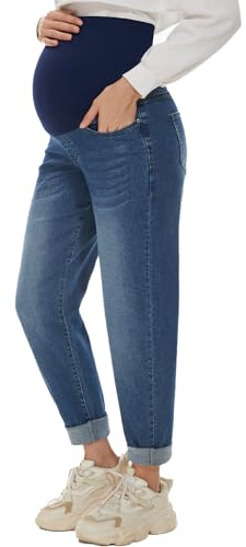 POSHGLAM Women's Maternity Boyfriend Jeans Over Belly Stretch Comfy Loose Casual Denim Pants with Pockets for Everyday Wear(Dark Blue, XX-Large)