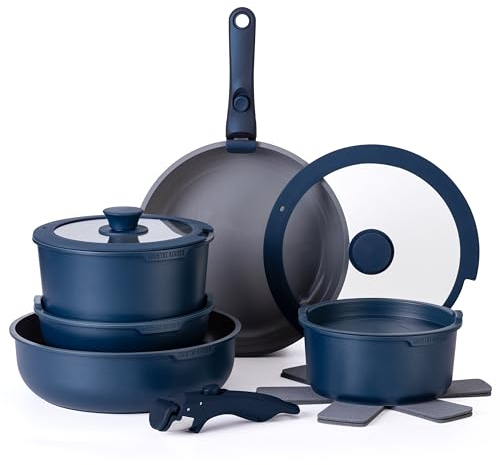 Country Kitchen Set di pentole e padelle da 16 pezzi, sicure e antiaderenti, con manico rimovibile morbido al tatto, set di pentole per camper, adatte al forno (Denim)