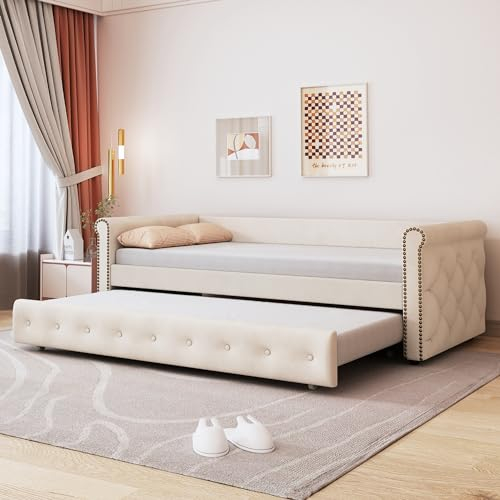 Merax Ausziehbares Sofa Bett 90 x 200cm, Tagesbett mit strapazierfähiger Leinenstoff, Bettrahmen für Kinder, Jugend & Erwachsene, Beige (Ohne Matratze)