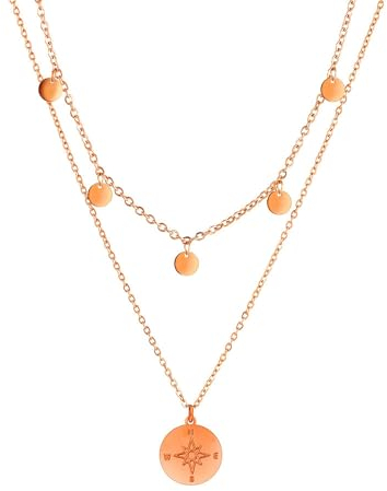 KIM JOHANSON® Edelstahl Damen Multi Layer Halsketten *Coin & Compass* in Silber, Gold & Roségold | Mit 5 Plättchen | Boho Schmuck für Frauen | Kreise Kette | Wasserfest | Verstellbar | Schmuckbeutel