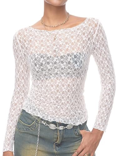 HAWILAND Women Y2K Mesh Sheer Long Sleeve Crop Tops See Through Slim Fit Ruched Blouse T Shirt Music Festival Clubwear #2 White, M