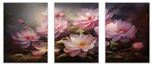 SHYAMIC Rosa Set di 3 Poster Quadri Su Tela, Fiori Rosa Verde Quadri della stanza grande estetica per galleria soggiorno bagno decorazione murale -20x30cmx3 Non incorniciato