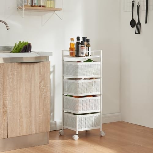 [en.casa] Carrello da Stoccaggio Organizzatore con 4 Cestelli Girevoli e Piano con Barra Anticaduta Mobile Multiuso in Acciaio a 4 Rotelle per Cucina Ufficio Bagno - Bianco