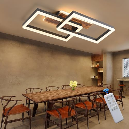 LED Deckenleuchte Holz dimmbar, Massivholz schwarz rechteckige Vintage Deckenlampe, 48W 60cm 4800lm 3000K-6000K mit Fernbedienung, Schlafzimmerlampe, 4W Nachtlicht, Memory-Funktion