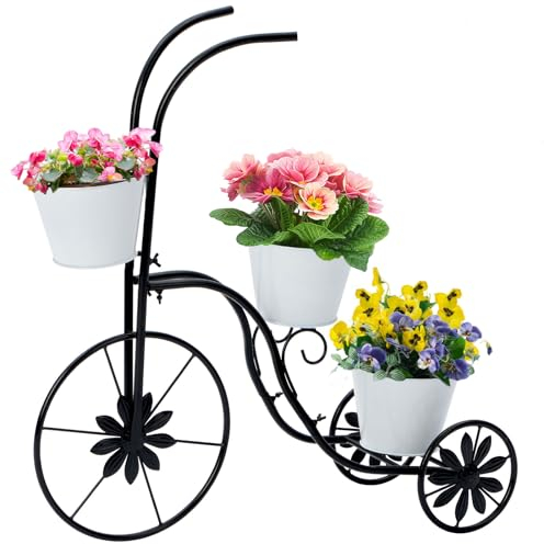 LEWIS&WAYNE Metal Tricycle Planter, 3 Tier Floral Flower Plant Stand Holder Hand Painted Outdoor Garden Patio Decor