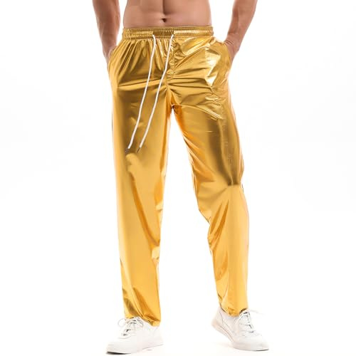 Amy Coulee Mens Metallic Trousers Disco Rave Sparkly Pants with Pockets | Lightweight Stretch Reflective Fabric, Elastic Waist and Drawstring, Loose Fit, Straight Leg, Nightclub Party Wear