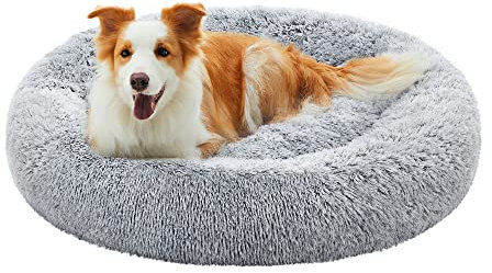Feandrea Hundebett flauschig, Katzenbett, Donut Kissen, waschbar, Polsterung in der Mitte herausnehmbar, Langer Plüsch, 90 cm Durchmesser, Ombré-Grau PGW041G01