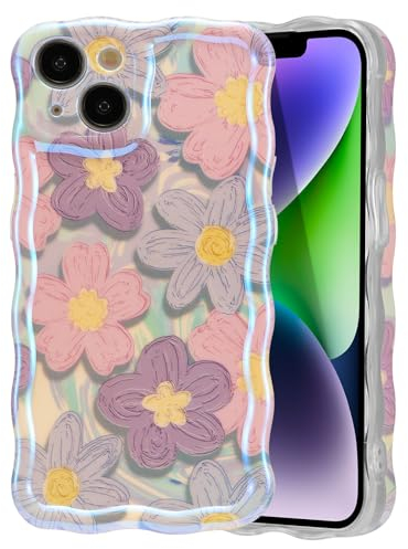 EYZUTAK Case for iPhone 14 Plus/iPhone 15 Plus, Colorful Retro Oil Painting Flower Laser Cute Curly Wave Edge Exquisite Phone Cover Stylish Durable TPU Protective Case for Girls Women - Pink Purple