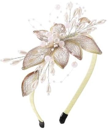 IYOU Bridal Wedding Headband Gold Flower Hair Bands Copper Wire Pearl Headpiece Bridesmaid Bride Hair Accessories for Women