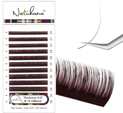 NATUHANA Couleur Extension Cils 0.07mm B Curl 8-14mm Mixte Colorés Individuel Volume Russe Naturel Faux Cils Professionnel Eyelash Extensions (Bourgogne;0.07 B, 8-14 mm)