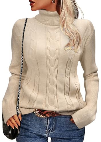 heekpek Women's Jumpers Long Sleeve Tops Turtle Neck Pullover Ladies Cable Knit Sweaters Kknitted Roll Neck Jumpers Soft Warm Knitwear, Apricot, S