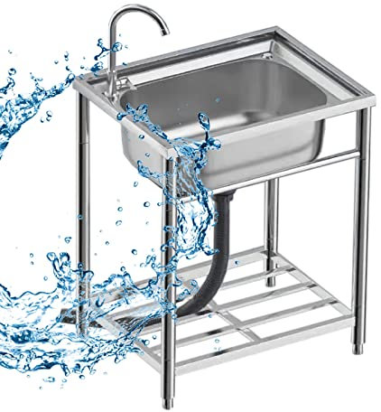 Commercial Sink Outdoor Utility Sinks Freestanding Camping Single Bowl Sinks with Gooseneck Faucet and Storage Shelves for Garage Restaurant Laundry Room Indoor Outdoor.