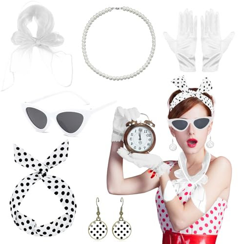 NebulaGlam 50er Jahre Accessoires Damen, 8 Stück Rockabilly Accessoires Damen für Karneval, 1950s Kostüm Set mit Chiffon Schal Handschuhe Sonnenbrille Polka Dot Bandana Ohrringe Halskette(Weiß)