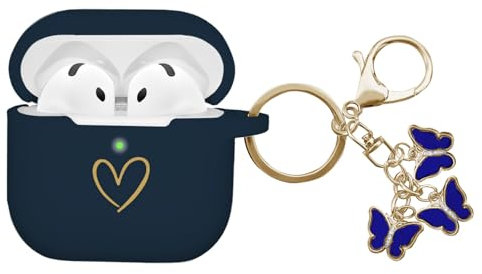AIIEKZ Compatible with AirPods 4 Case Cover 2024, Soft Silicone Case with Gold Heart Pattern for AirPods 4th Generation Case with Cute Butterfly Keychain for Girls Women (Midnight Blue)