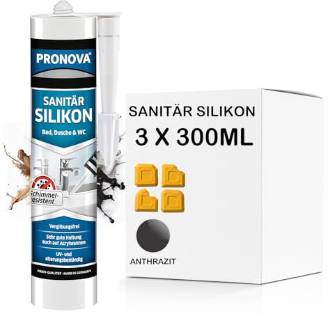 Sanitär Silikon - schimmelresistent für Dusche und Bad, lösungsmittelfrei 300ml Kartusche (3, Anthrazit)