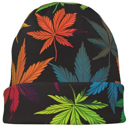 Dwrepo Strickmütze mit buntem Cannabisblätter-Druck, für Damen und Herren, warm, lässig, Totenkopf-Mütze für Geschenke, Erwachsene, Reisen, Schwarz, Einheitsgr��e