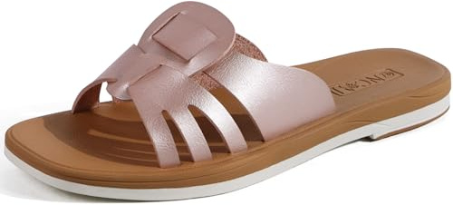 ONCAI Slides for Womens, Flat Dressy Square Toe Summer Beach Sandals for Woman 2025 with Comfortable Non-slip Rubber Soles Rose Gold Size 4