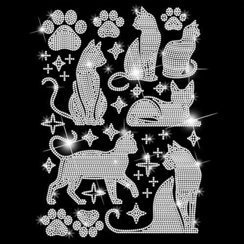 SUPERDANT Cats and Stars Iron on Rhinestone Transfer Bling Rhinestone T-Shirt Transfers Diamond Iron on Heat Transfer Hot Fix Stickers for Clothing Hat Decor for Cat Lover Gifts