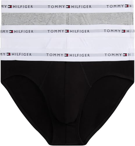 Tommy Hilfiger Men’s 3 Pack Hipster Briefs with Logo Waistband, (Black/White/Mid Grey Heather), S