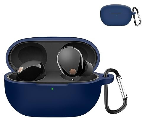 KANOYO Silicone Cover Compatible with Sony WF-1000XM5,Full Body Protection Case,Supports Wireless Charging,Shock Resistant with Sony WF-1000XM5 Case,With Carabiner (Blue)