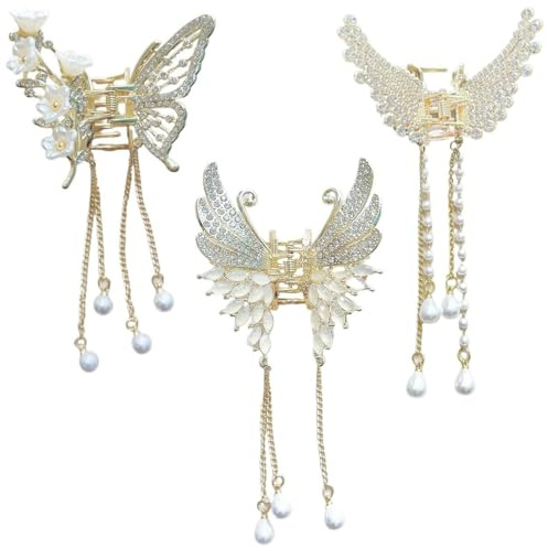 Bangbobi Accesorio para el Cabello con Forma de Mariposa Juego de 3 Elegantes Pinzas para el Cabello con Metal y Perlas para Mujeres y niñas: Pinza para el Cabello con Forma de Mariposa