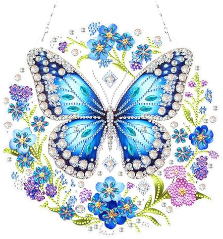 AOOTUERL Kit de broderie diamant à suspendre en forme de papillon à faire soi-même - Kit de peinture diamant acrylique pour adultes - Tableau d'art diamant acrylique avec chaîne (25 x 25 cm)