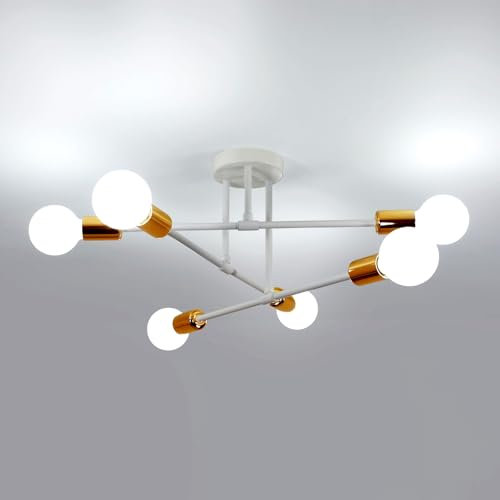 Deckenleuchte Vintage, 6 Flammig E27 60 cm Deckenlampe Sputnik Kronleuchter Modern für Wohnzimmer Esszimmer Küche Flur, Weiß & Gold Max. 60 W (Ohne Glühbirnen)