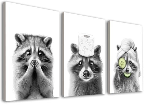 JINZUNRUI Badezimmer Deko Bilder, Schwarz-weiß Bad Poster A4 Gäste WC Wandbilder mit Rahmen, Lustige Raccoon Toilette Wand Deko, Leinwand Kunstdruck Badezimmer Bilder - 30x40 cm