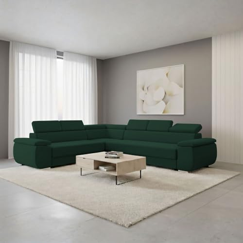 FORNIRO 24 eleganter Ecksofa 318x255cm Grün Wohnzimmer Couch Schlafsofa | Mit Schlaffunktion & Kissen - Stoff Premium | ausziehbar Gäste bequem Stauraum Design hochwertig Eckcouch Komfort robust
