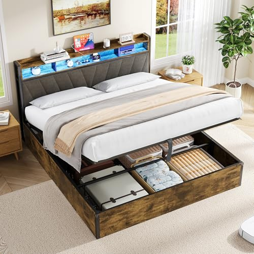 BTM 5ft-150x200cm King Size Bed Frame with RGB LED Storage Headboard with Charging Station, USB and Type-C Ports, King Size Bed with Storage, Black+Walnut (No Mattress)