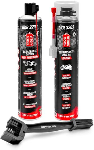ERRECOM 1000 Miglia Clean&Lube Kit Cadena Moto Racing; Desengrasante Cadena Alta Presión 500mL+ Lubrificante Cadena Moto Carrera Alto Rendimiento 500mL+ Huggie System y Extensión90°+Cepillo+ Guantes