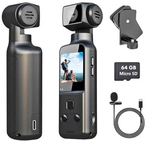 IXROAD 4K Body Camera with Audio and Video, POV/Pocket/Vlog/Travel Camera with 270° Rotatable Lens, Sports Action Cam with External Microphone, Clip and 64GB TF Card