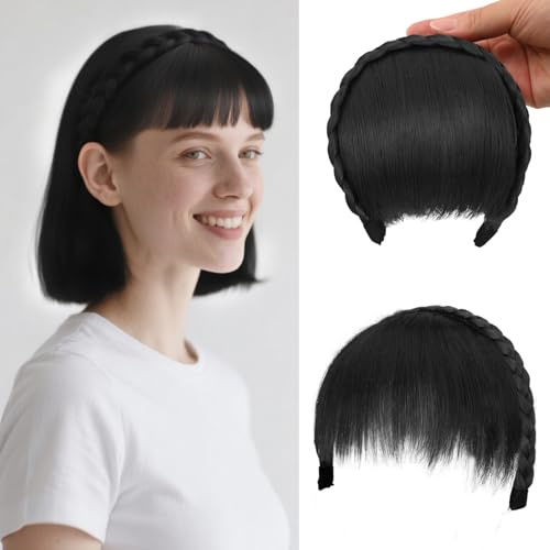 Haarreif mit Pony für Damen, Synthetische geflochtene Haarverlängerungen mit Pony – Naturschwarz