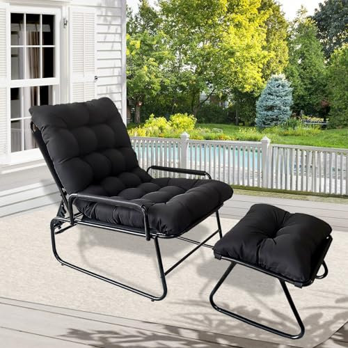 FUOIDYE Loungesessel Outdoor, Gartenliege Liegestuhl Balkonsessel mit Hocker, Relaxsessel Garten, Auflage Abnehmbar, 5-Positionen Liegefunktion für Wohnzimmer,Terrasse, Studie, bis150kg (Schwarz)