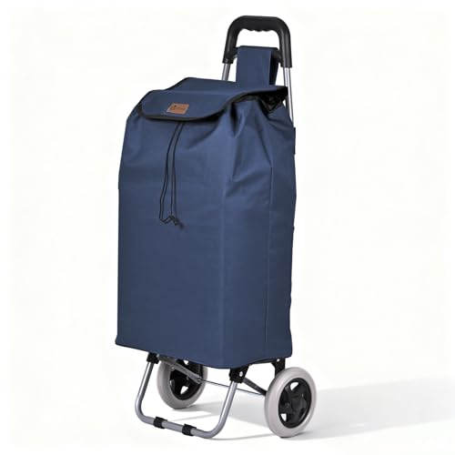 VOUNOT® Chariot de Courses 2 Roues Pliable Chariot de Marché 2 en 1 Caddie à roulettes Sac en Oxford avec Poche Zippée Montée d Escalier 59L Bleu Marine