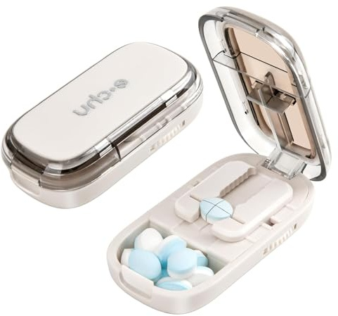 Tablettenteiler, Tablettenschneider, Pill Splitter for All Pills | für Große und Kleine Tabletten, Medikamententeiler mit Aufbewahrungsfach Pill Cutter (Weiß)