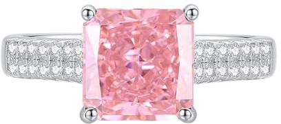 Mesnt Verlobungsringe, Frauen 9 Karat Weißgold 3 Karat quadratischer, im Labor hergestellter Padparadscha-Saphir mit Moissanit-Ring, Größe 56 (17.8)