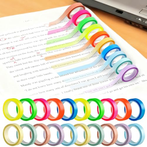 20 Rollen Highlight Strips, Farbiges Transparentes Klebeband, Transparente Fluoreszierende Haftnotizen Klebezettel, Abnehmbare Textmarker Klebeband für Lesen Notizen Machen Lehrer Schüler (0.8cm X 5m)