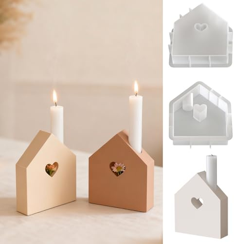 Silikonformen Gießformen Kerzenhalter Haus Stabkerze, Silikonform Kerzenhalter Haus Herz, 3D Gießform Teelichthalter Häuser, Gipsformen zum Gießen Kerzen Halter, Beton Gießform, Silicone Mold (H)